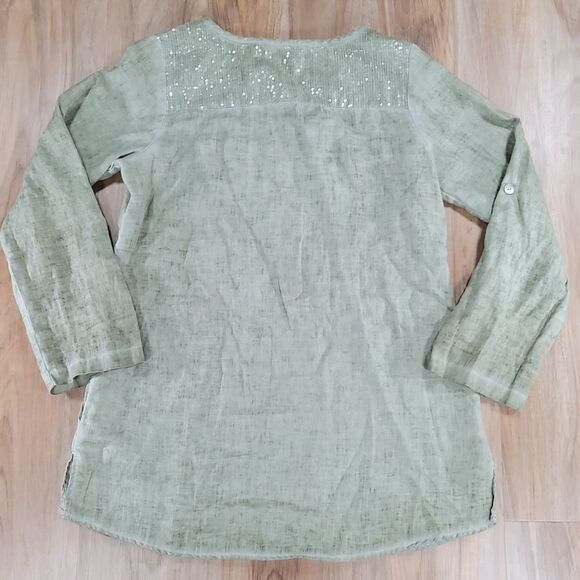 🔺️Soft Surroundings Olive Sequined Linen Long Sleeve Top XSmall - Picture 3 of 14
